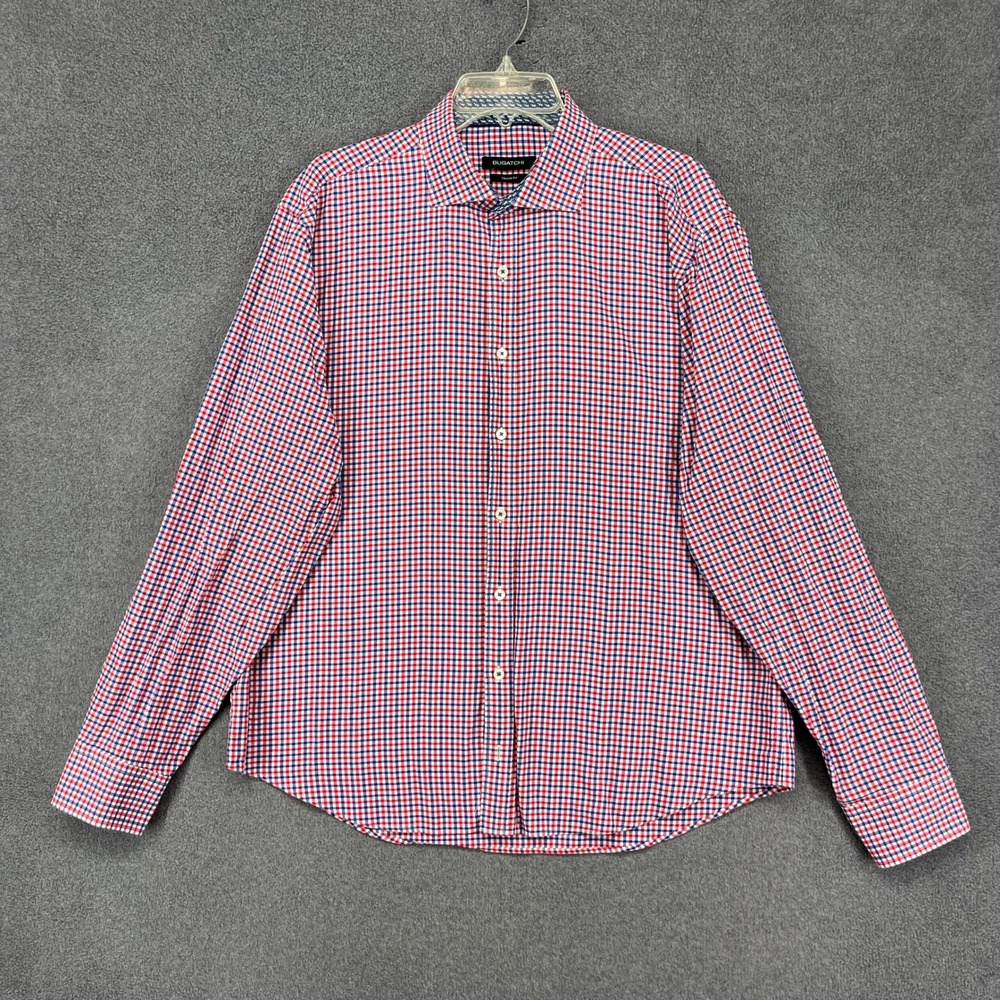 Bugatchi Button Down Shirt Mens XL Red Blue Gingham Check Classic Fit Cotton